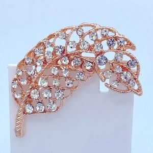 Leaf Pin / Brooch With Rhinestones Gold Tone With Open Design